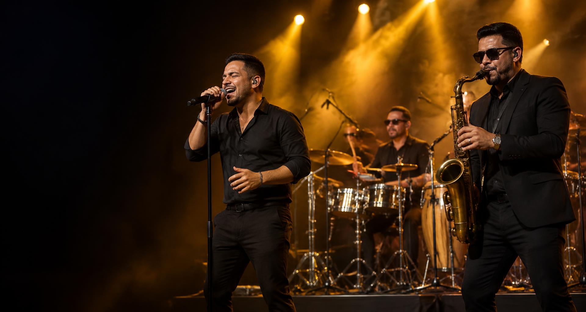 Illustrative Latin band performing under golden stage lights